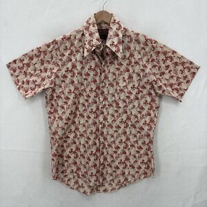 Vintage Kings Road Sears Shirt Mens Medium Red Face Print Short Sleeve Button Up